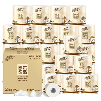 京东PLUS会员：清风 原木纯品卷纸 3层240段*32卷 *2件