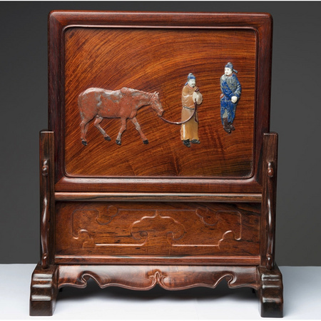 彩石镶嵌台屏 相马图 大红酸枝非遗工艺品屏风