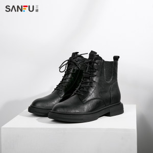 三福 女士英伦复古风 骑士短款马丁靴 有加绒款