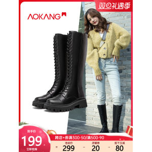 奥康 2020冬季新款 女士暗黑骑士风 加绒不过膝长靴