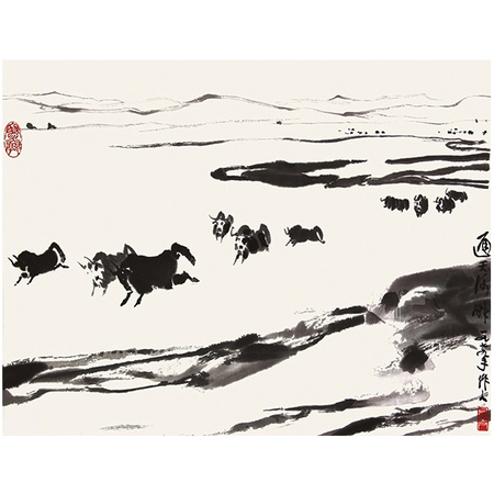 木版水印 国画 客厅装饰壁画 吴作人 通天河畔 51*67cm画片