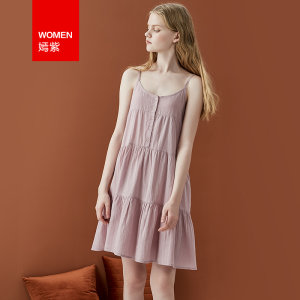 红豆 60支纯棉 梭织提花 家居吊带睡裙