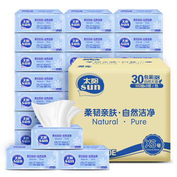 6点开始、京东PLUS会员：Sun 太阳 柔韧亲肤抽纸 3层*100抽*30包（170*119mm） *4件