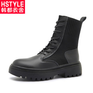 韩都衣舍 女士英伦风 真皮高筒马丁靴 有加绒款