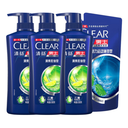 CLEAR 清扬 男士去屑清爽控油型洗发水套装 500g*3瓶（赠200g补充装）