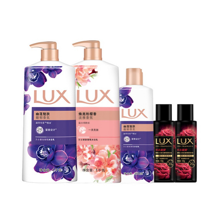 LUX 力士 精油香氛沐浴乳套装(幽莲1kg+350g+樱花1kg+慕爱100g*2+赠沐浴露100g)